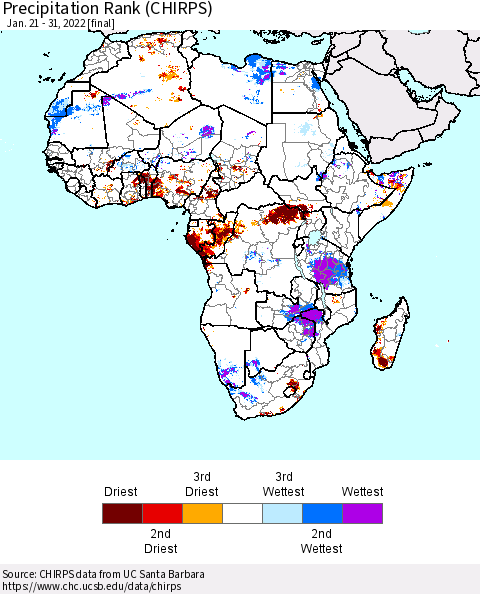 Africa Precipitation Rank since 1981 (CHIRPS) Thematic Map For 1/21/2022 - 1/31/2022