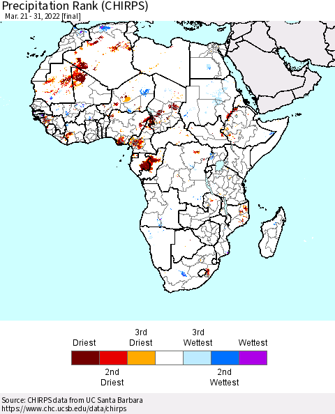 Africa Precipitation Rank (CHIRPS) Thematic Map For 3/21/2022 - 3/31/2022