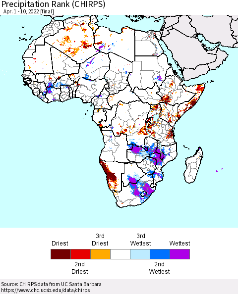 Africa Precipitation Rank (CHIRPS) Thematic Map For 4/1/2022 - 4/10/2022