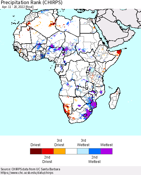 Africa Precipitation Rank (CHIRPS) Thematic Map For 4/11/2022 - 4/20/2022