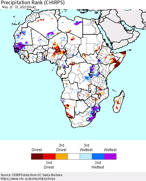 Africa Precipitation Rank (CHIRPS) Thematic Map For 5/21/2022 - 5/31/2022