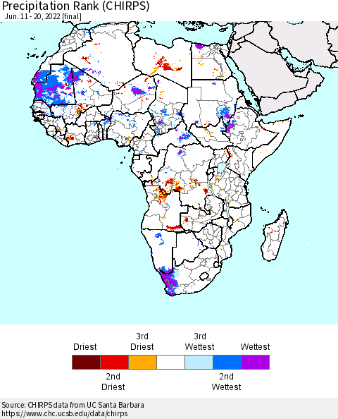 Africa Precipitation Rank (CHIRPS) Thematic Map For 6/11/2022 - 6/20/2022