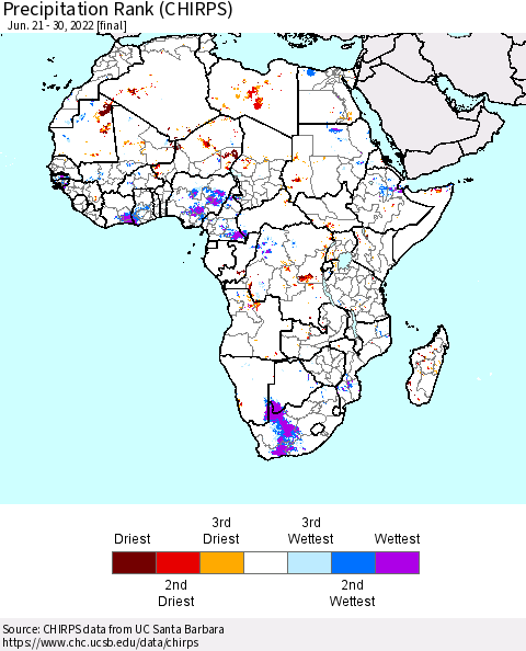Africa Precipitation Rank (CHIRPS) Thematic Map For 6/21/2022 - 6/30/2022