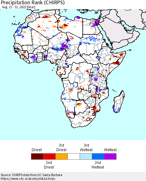 Africa Precipitation Rank (CHIRPS) Thematic Map For 8/21/2022 - 8/31/2022