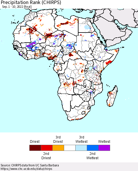 Africa Precipitation Rank (CHIRPS) Thematic Map For 9/1/2022 - 9/10/2022