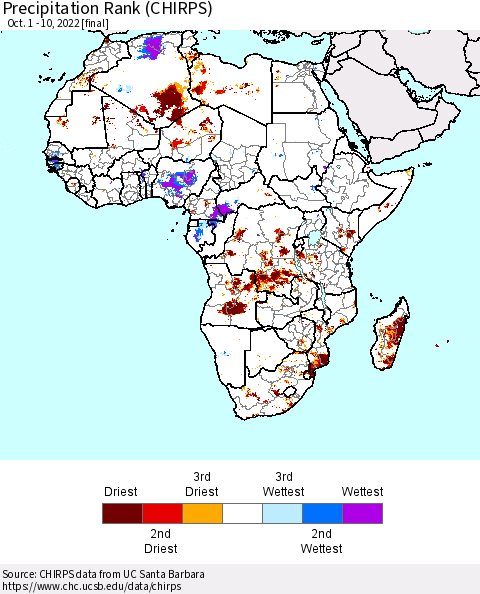 Africa Precipitation Rank since 1981 (CHIRPS) Thematic Map For 10/1/2022 - 10/10/2022