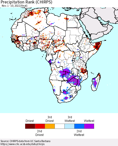 Africa Precipitation Rank (CHIRPS) Thematic Map For 11/1/2022 - 11/10/2022