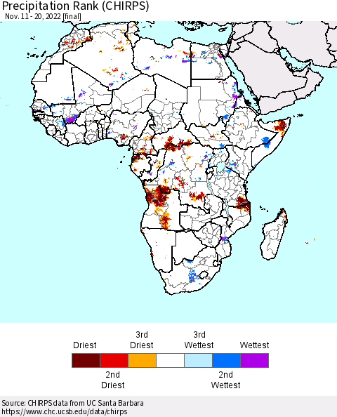 Africa Precipitation Rank since 1981 (CHIRPS) Thematic Map For 11/11/2022 - 11/20/2022