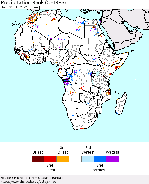 Africa Precipitation Rank (CHIRPS) Thematic Map For 11/21/2022 - 11/30/2022