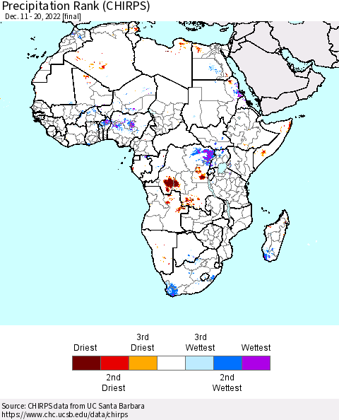 Africa Precipitation Rank since 1981 (CHIRPS) Thematic Map For 12/11/2022 - 12/20/2022