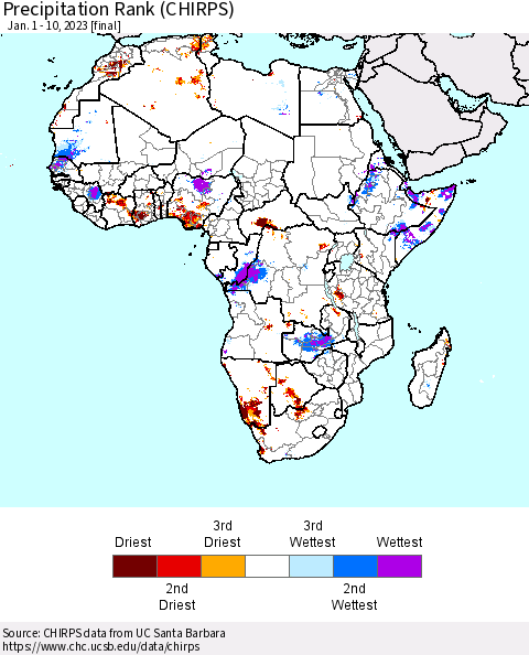 Africa Precipitation Rank (CHIRPS) Thematic Map For 1/1/2023 - 1/10/2023