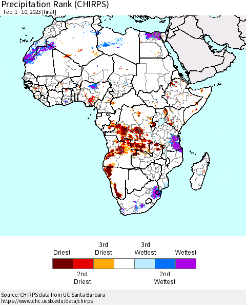 Africa Precipitation Rank since 1981 (CHIRPS) Thematic Map For 2/1/2023 - 2/10/2023