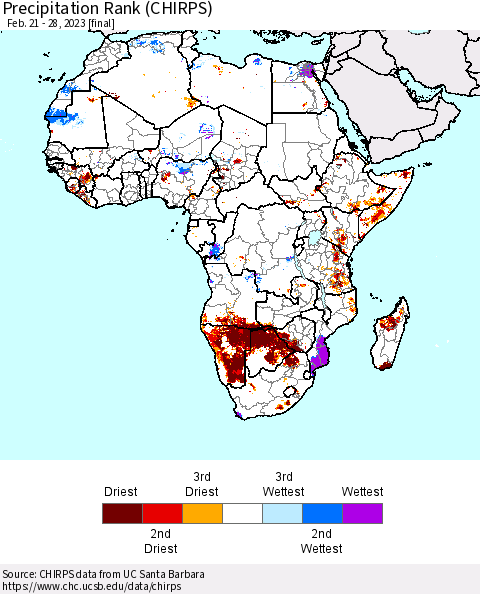 Africa Precipitation Rank since 1981 (CHIRPS) Thematic Map For 2/21/2023 - 2/28/2023