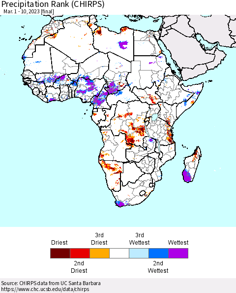 Africa Precipitation Rank since 1981 (CHIRPS) Thematic Map For 3/1/2023 - 3/10/2023