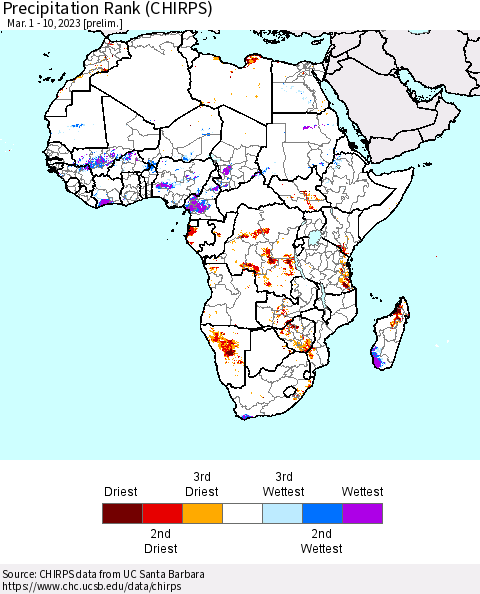 Africa Precipitation Rank (CHIRPS) Thematic Map For 3/1/2023 - 3/10/2023