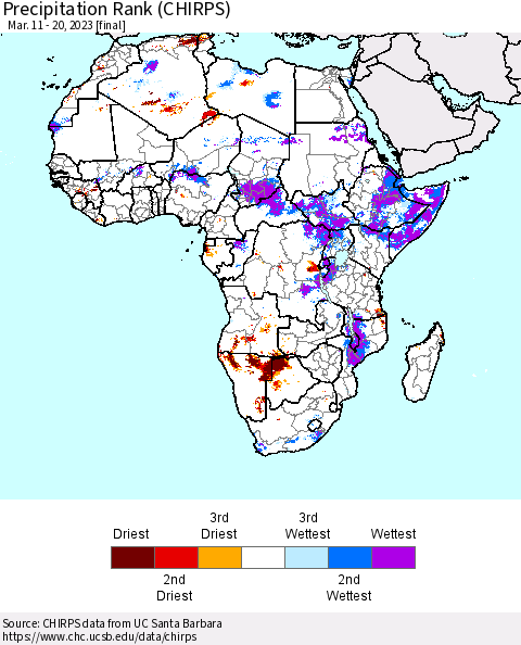 Africa Precipitation Rank since 1981 (CHIRPS) Thematic Map For 3/11/2023 - 3/20/2023