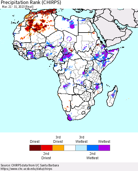 Africa Precipitation Rank since 1981 (CHIRPS) Thematic Map For 3/21/2023 - 3/31/2023