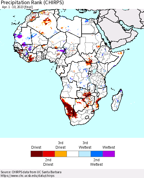 Africa Precipitation Rank since 1981 (CHIRPS) Thematic Map For 4/1/2023 - 4/10/2023