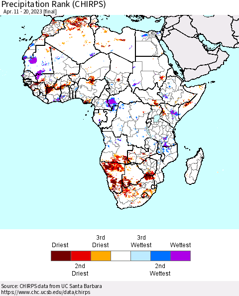 Africa Precipitation Rank since 1981 (CHIRPS) Thematic Map For 4/11/2023 - 4/20/2023