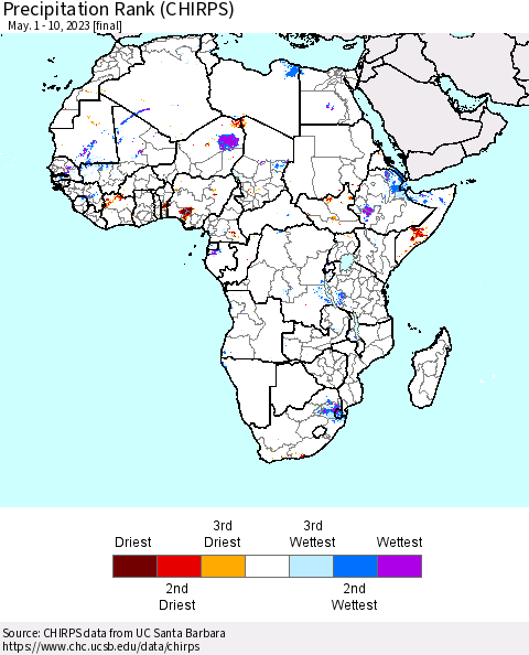 Africa Precipitation Rank since 1981 (CHIRPS) Thematic Map For 5/1/2023 - 5/10/2023