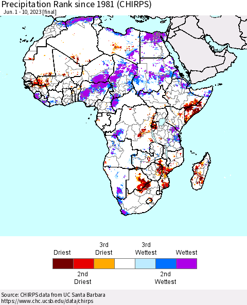 Africa Precipitation Rank since 1981 (CHIRPS) Thematic Map For 6/1/2023 - 6/10/2023