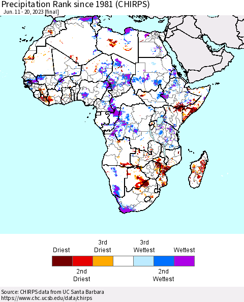 Africa Precipitation Rank since 1981 (CHIRPS) Thematic Map For 6/11/2023 - 6/20/2023