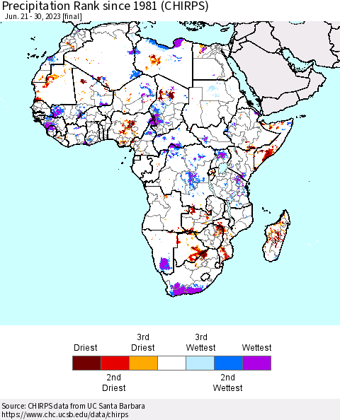 Africa Precipitation Rank since 1981 (CHIRPS) Thematic Map For 6/21/2023 - 6/30/2023