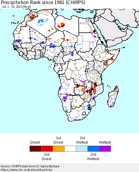 Africa Precipitation Rank since 1981 (CHIRPS) Thematic Map For 7/1/2023 - 7/10/2023
