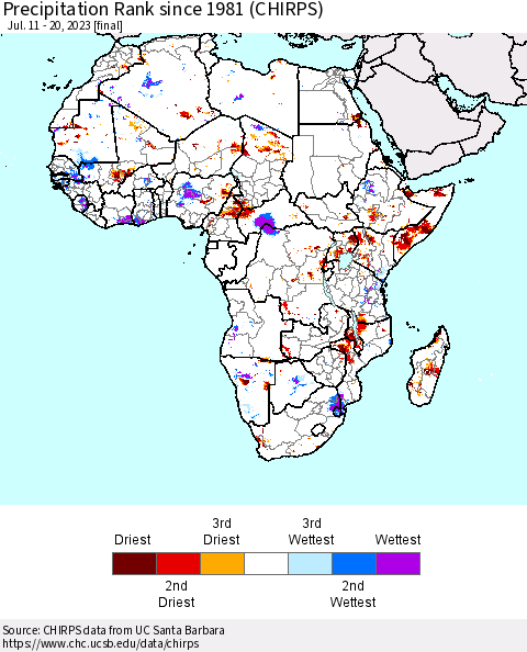 Africa Precipitation Rank since 1981 (CHIRPS) Thematic Map For 7/11/2023 - 7/20/2023