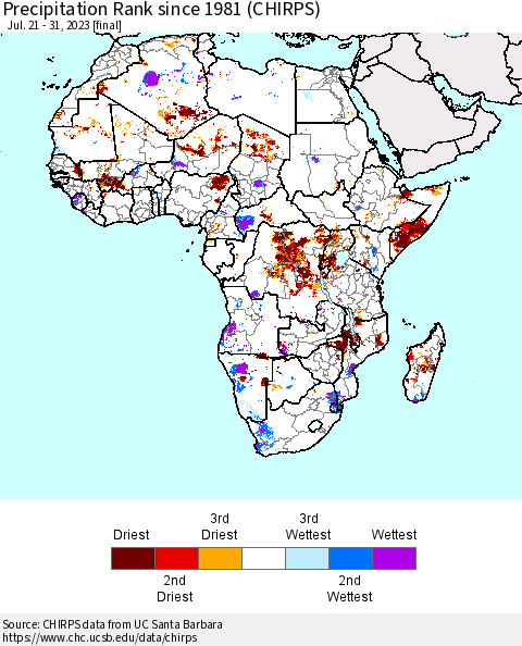 Africa Precipitation Rank since 1981 (CHIRPS) Thematic Map For 7/21/2023 - 7/31/2023