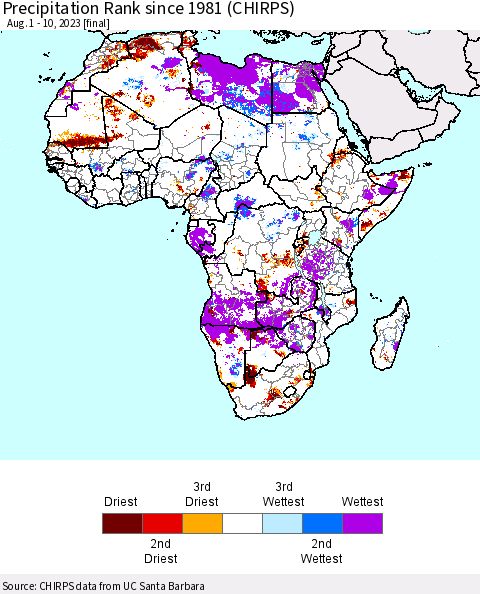 Africa Precipitation Rank since 1981 (CHIRPS) Thematic Map For 8/1/2023 - 8/10/2023