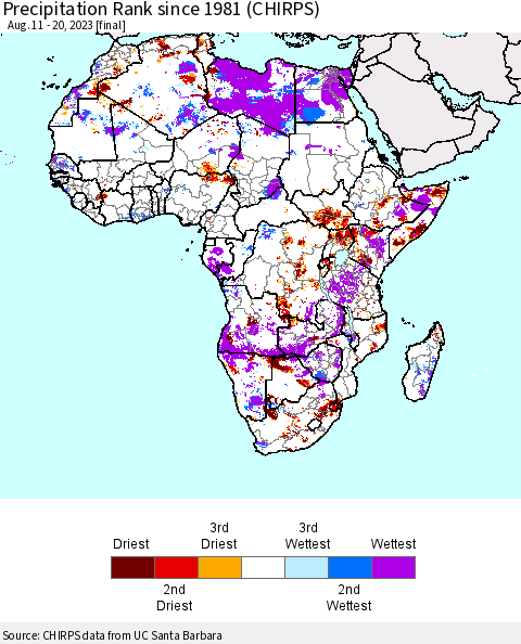 Africa Precipitation Rank since 1981 (CHIRPS) Thematic Map For 8/11/2023 - 8/20/2023