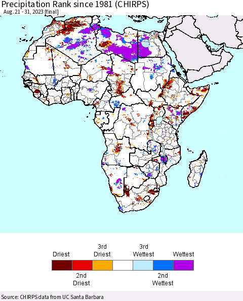 Africa Precipitation Rank since 1981 (CHIRPS) Thematic Map For 8/21/2023 - 8/31/2023