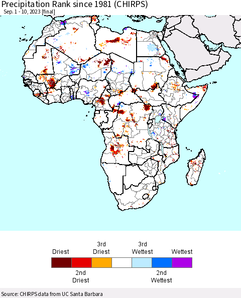 Africa Precipitation Rank since 1981 (CHIRPS) Thematic Map For 9/1/2023 - 9/10/2023