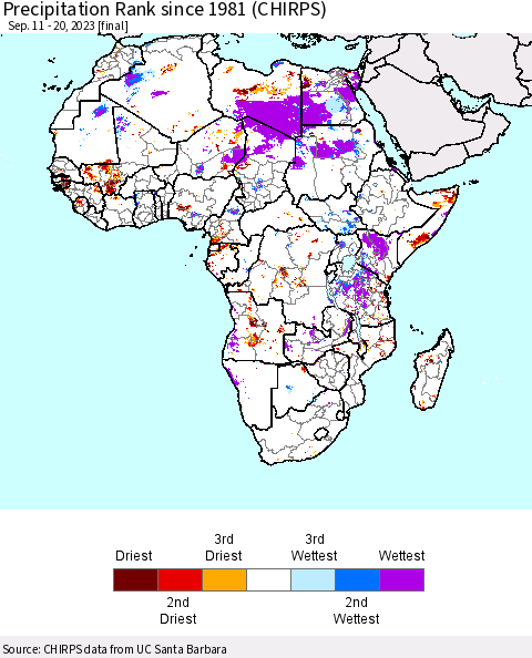 Africa Precipitation Rank since 1981 (CHIRPS) Thematic Map For 9/11/2023 - 9/20/2023