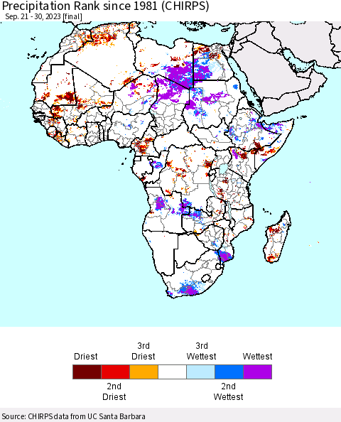 Africa Precipitation Rank since 1981 (CHIRPS) Thematic Map For 9/21/2023 - 9/30/2023