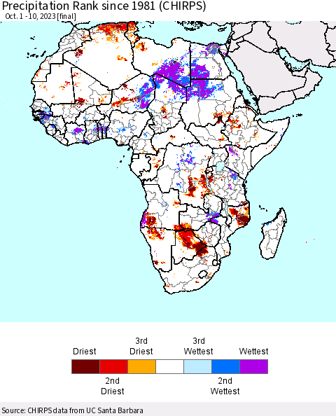 Africa Precipitation Rank since 1981 (CHIRPS) Thematic Map For 10/1/2023 - 10/10/2023