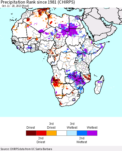Africa Precipitation Rank since 1981 (CHIRPS) Thematic Map For 10/11/2023 - 10/20/2023