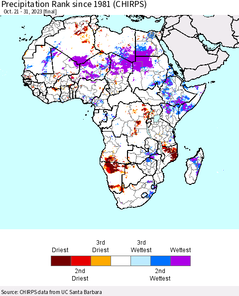 Africa Precipitation Rank since 1981 (CHIRPS) Thematic Map For 10/21/2023 - 10/31/2023