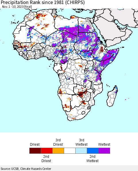 Africa Precipitation Rank since 1981 (CHIRPS) Thematic Map For 11/1/2023 - 11/10/2023