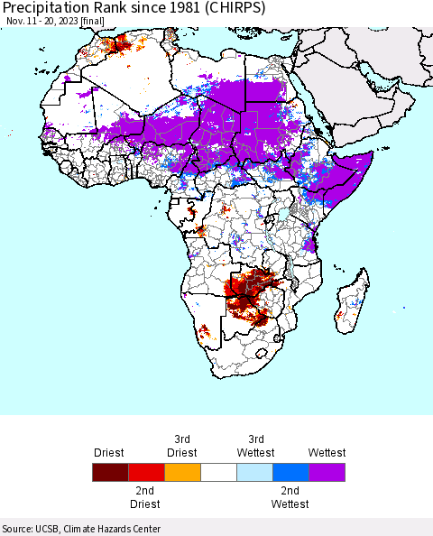 Africa Precipitation Rank since 1981 (CHIRPS) Thematic Map For 11/11/2023 - 11/20/2023