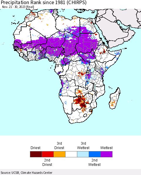 Africa Precipitation Rank since 1981 (CHIRPS) Thematic Map For 11/21/2023 - 11/30/2023