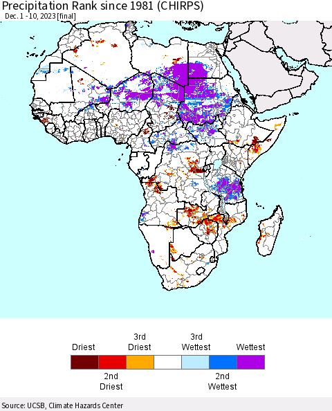 Africa Precipitation Rank since 1981 (CHIRPS) Thematic Map For 12/1/2023 - 12/10/2023