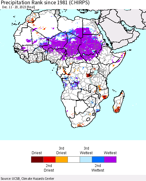 Africa Precipitation Rank since 1981 (CHIRPS) Thematic Map For 12/11/2023 - 12/20/2023
