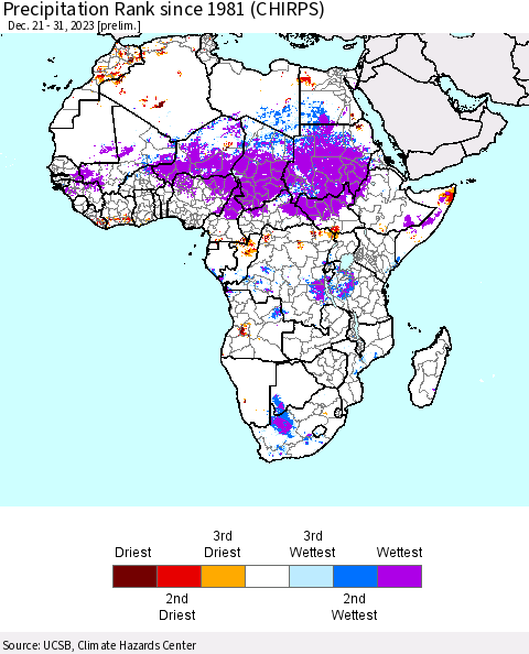 Africa Precipitation Rank since 1981 (CHIRPS) Thematic Map For 12/21/2023 - 12/31/2023