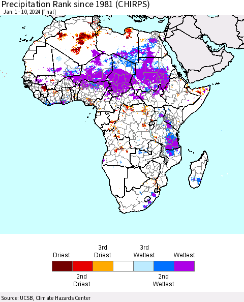 Africa Precipitation Rank since 1981 (CHIRPS) Thematic Map For 1/1/2024 - 1/10/2024