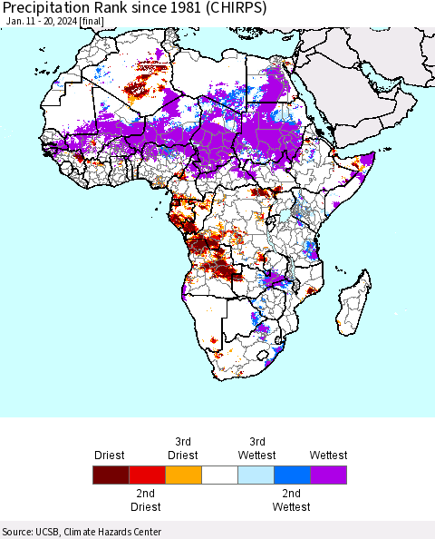 Africa Precipitation Rank since 1981 (CHIRPS) Thematic Map For 1/11/2024 - 1/20/2024