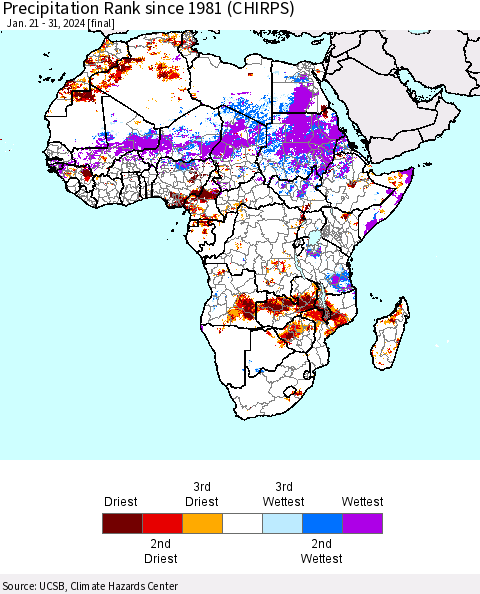 Africa Precipitation Rank since 1981 (CHIRPS) Thematic Map For 1/21/2024 - 1/31/2024