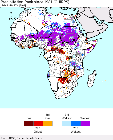 Africa Precipitation Rank since 1981 (CHIRPS) Thematic Map For 2/1/2024 - 2/10/2024