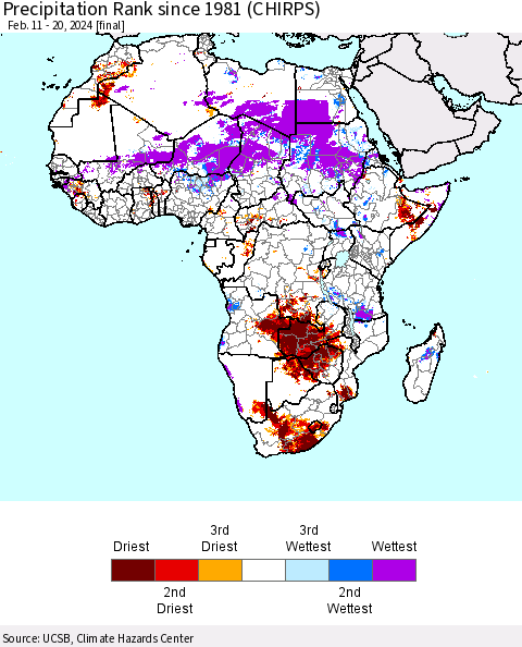 Africa Precipitation Rank since 1981 (CHIRPS) Thematic Map For 2/11/2024 - 2/20/2024